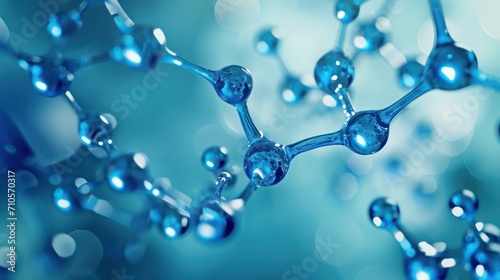 blue molecule atoms structures on blue liquid serum background. Science Molecular water drop DNA Model Structure Atoms background Medical