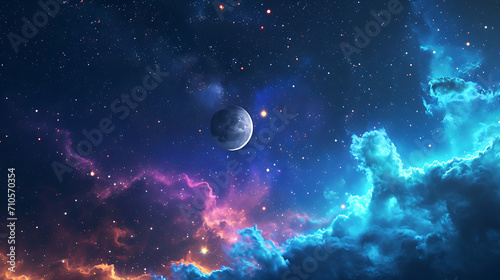 A stunning celestial scene fills the sky with planets  stars  and a crescent moon orbiting a planet against a backdrop of the vast cosmos.