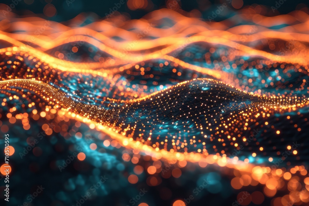 Connected glowing 3d grid, digitalization, wave, network. Generative AI Connected glowing 3d grid, digitalization, wave, network. Generative AI