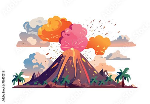 Volcanoes of colorful set. This explosive illustration of a volcanic eruption is a perfect fusion of design and the raw power of the natural world. Vector illustration.