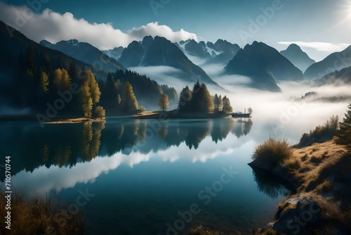 A serene Bavarian lake surrounded by mist-shrouded mountains, creating an ethereal atmosphere.
