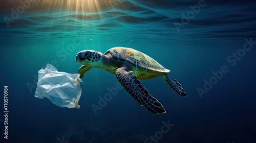 Turtle Swimming in Ocean With Plastic Bag © Ilugram