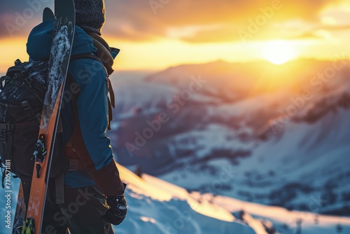 Skier With Backpack Standing on Mountain