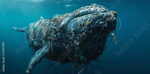 A life-size photo of a sperm whale entangled in plastic waste in the ocean. The concept for a banner on the theme of environmental protection and ecology photo