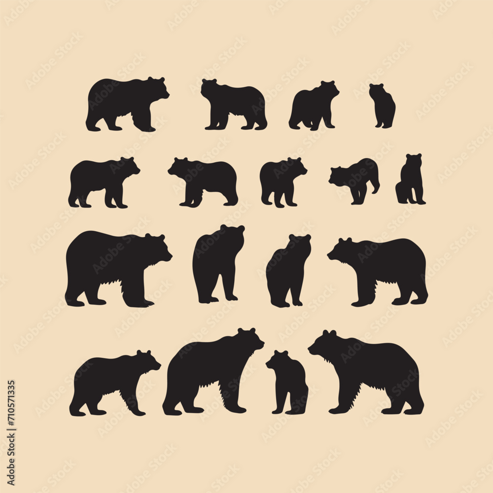 silhouette Bear set Clipart on a hex color background