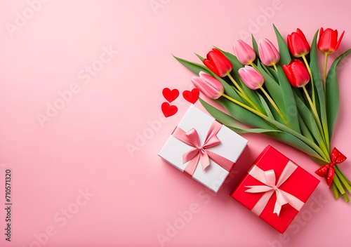 Mother's Day or valentine romantic concept. Top view photo giftbox with ribbon bouquet of tulips on pink background with copy space. Generative AI