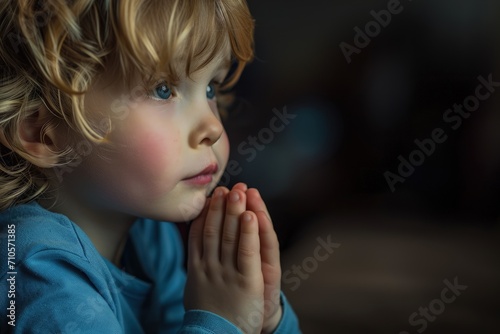 Young Child Praying With Blue Eyes