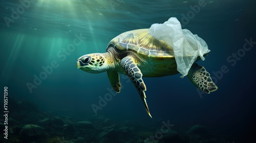 Turtle Swimming in Ocean With Plastic Bag on Back
