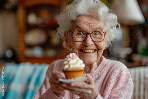 Older Woman Holding Cupcake photo