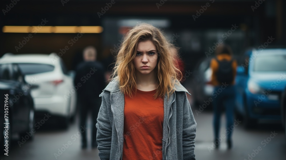 Young woman angry standing at street