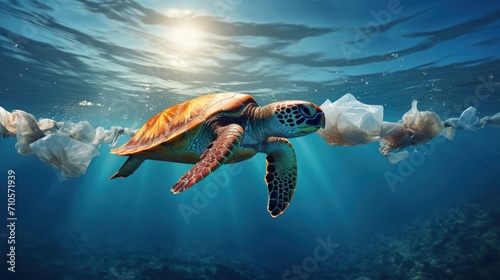 Turtle Swimming in Ocean Surrounded by Plastic Bags
