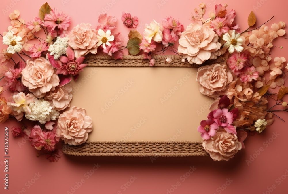Decorated Picture Frame With Flowers on Pink Wall