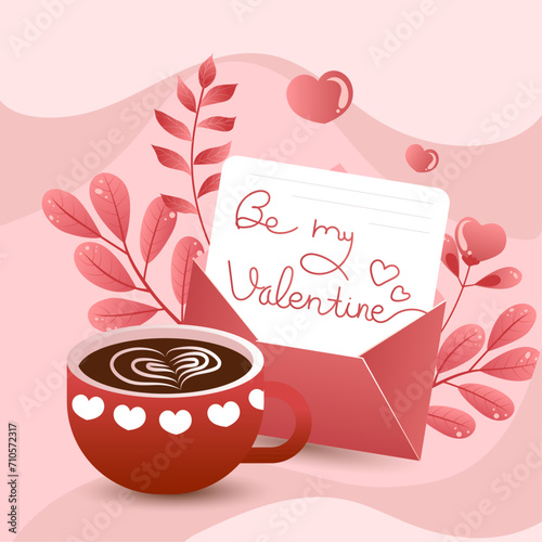 Valentine greeting card with cup of coffee and flower. Romantice card heart love , hand drawn valentine's day photo