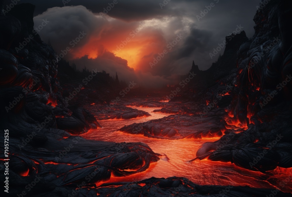 River Flowing Through Lava-Covered Forest
