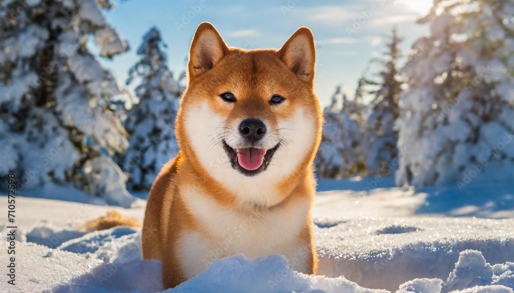 A happy shiba inu in the snow in a sunny day A happy shiba inu in the snow in a sunny day