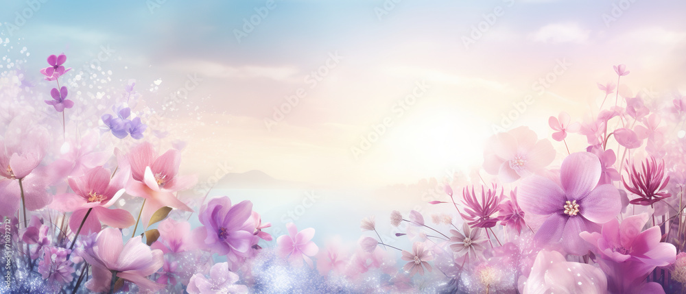 Dreamy scene, ultra wide background, spring magic, ethereal light, to create a captivating banner