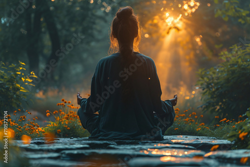 Serene Forest Meditation, Mindfulness and Peace, Woman in Tranquil Nature, meditation in the forest