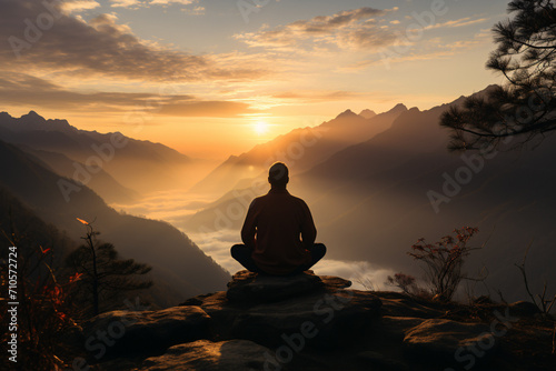 silhouette of a person meditating in the sunset, Sunrise Meditation on Mountain Peak, Spiritual Awakening in Nature, Peaceful Yoga at Sunrise