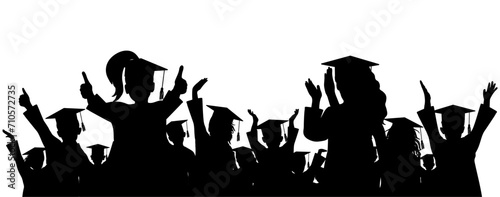 Happy crowd of graduates children in square academic caps. Cheerful people silhouette. Graduation ceremony. Vector  illustration.