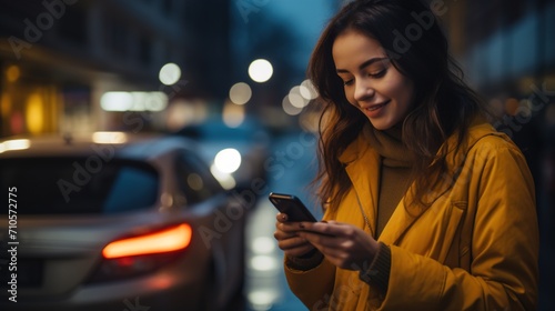 Young woman calling a taxi using a smartphone