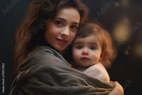 A woman holding a cute baby in her arms © roy9