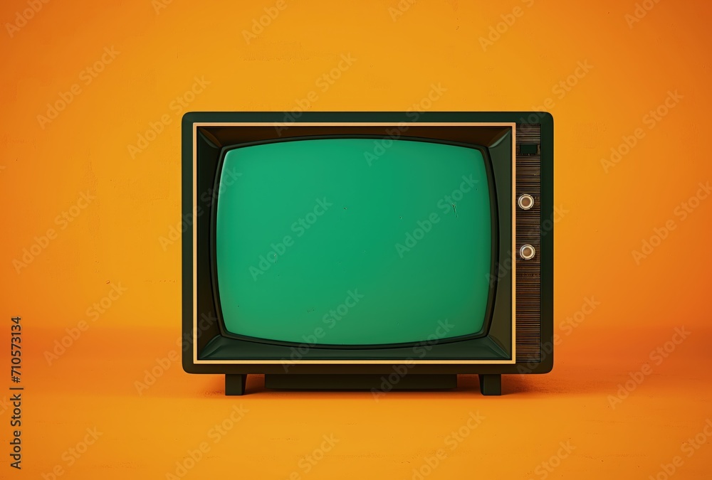 Old Television With Green Screen on Yellow Background