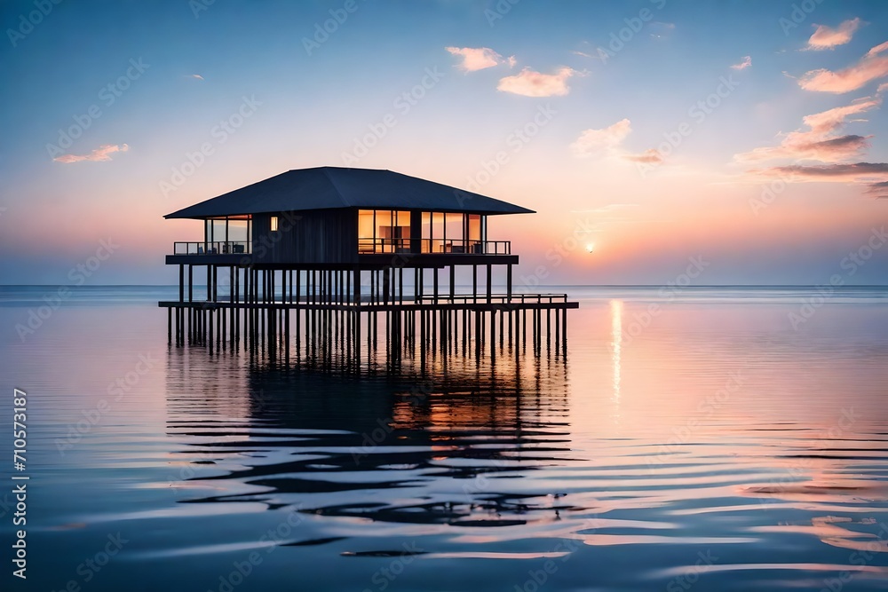 As dawn breaks, capturing the first light of the day, the stilted bungalow stands serene, mirrored perfectly in the glassy ocean below, painting a tranquil picture of solitude. As dawn breaks, capturing the first light of the day, the stilted bungalow stands serene, mirrored perfectly in the glassy ocean below, painting a tranquil picture of solitude.
