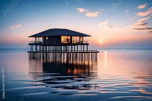 As dawn breaks  capturing the first light of the day  the stilted bungalow stands serene  mirrored perfectly in the glassy ocean below  painting a tranquil picture of solitude.