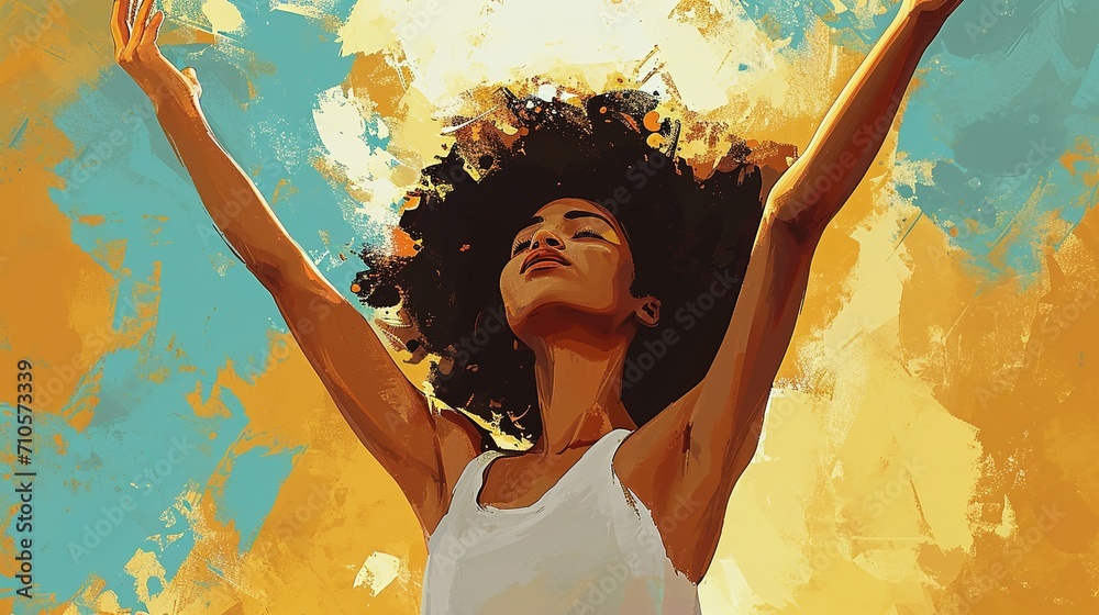 Young mulatto woman raising her hands in triumph - obrazy, fototapety, plakaty 