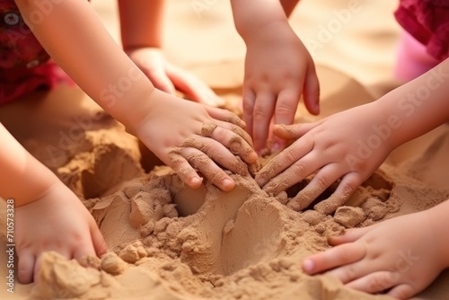 Children's hands in the sand. Selective focus. nature. Sandbox. Childhood Concept with a Copy Space.	