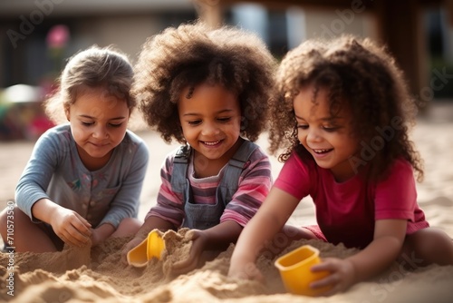 Portrait Of Cute Little Girls Playing With Sand On Beach Together. Sandbox. Childhood Concept with a Copy Space.	