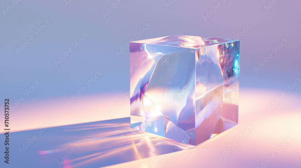 3d crystal glass cube with refraction and holograph - obrazy, fototapety, plakaty 