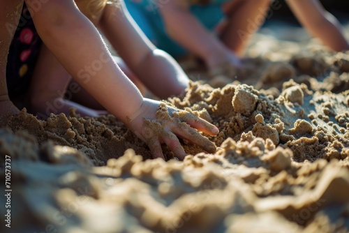 Children's hands playing in the sand on the beach. Selective focus. Sandbox. Childhood Concept with a Copy Space.	