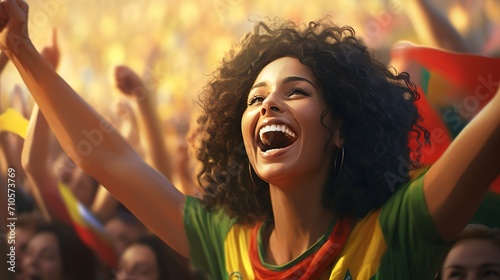 Young mulatto woman rejoicing in the team's victory. photo
