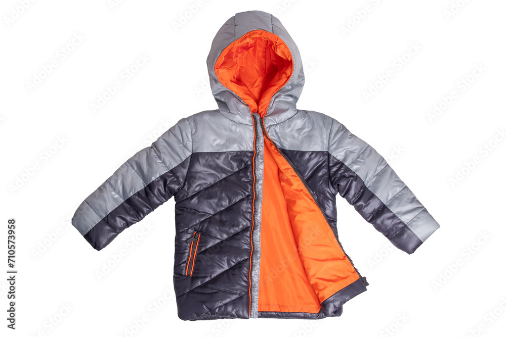 Winter jacket isolated. A stylish black warm down jacket with orange lining for the kids isolated on a white background. Childrens wear for winter. Winter jacket isolated. A stylish black warm down jacket with orange lining for the kids isolated on a white background. Childrens wear for winter.