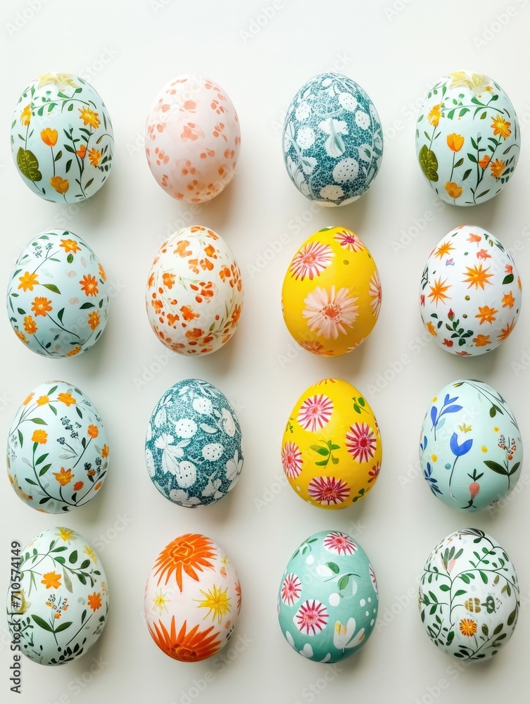 Easter eggs with hand drawn in rows on white background, holiday pattern.