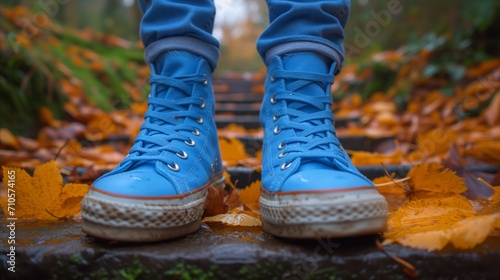Bright blue sneakers on autumn leaves-covered steps