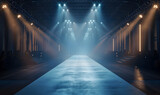  empty catwalk runway. direct blue and yellow spotlight to the model. background backdrop.