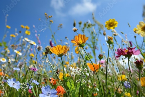 Flower meadow in spring blue sky. Generative AI © Zero Zero One