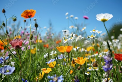 Flower meadow in spring blue sky. Generative AI