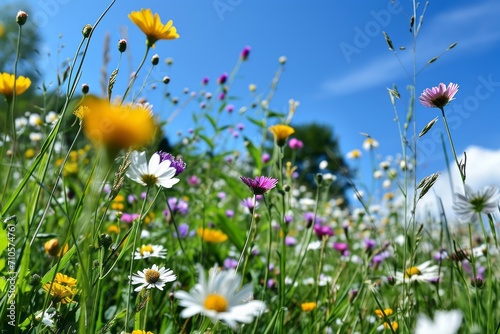 Flower meadow in spring blue sky. Generative AI