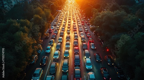 Drone Shot of a Crowded Urban Electric Car Rally, capturing the energy and color of sustainable transportation at dawn. Traffic jam.