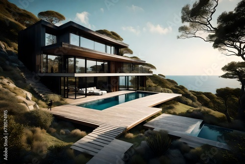 A contemporary coastal retreat with floor-to-ceiling windows  blending seamlessly with the natural surroundings and offering ocean vistas.