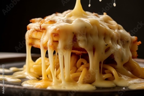 Pasta topped with melted cheese. Generative AI