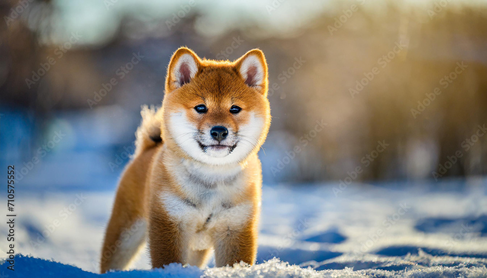 A happy shiba inu puppy in the snow in a sunny day