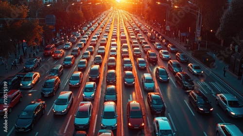 Drone Shot of a Crowded Urban Electric Car Rally, capturing the energy and color of sustainable transportation at dawn. Traffic jam. © Татьяна Креминская