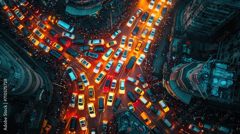 Drone Shot of a Crowded Urban Electric Car Rally, capturing the energy and color of sustainable transportation at dawn. Traffic jam.