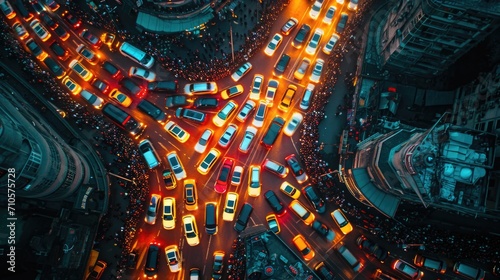 Drone Shot of a Crowded Urban Electric Car Rally, capturing the energy and color of sustainable transportation at dawn. Traffic jam. photo