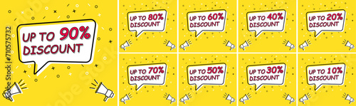 Megaphone with sale tag from 10 up to 90 percent off speech bubble. Loudspeaker. Banner for business, marketing and advertising. Set of banners. Vector illustration.