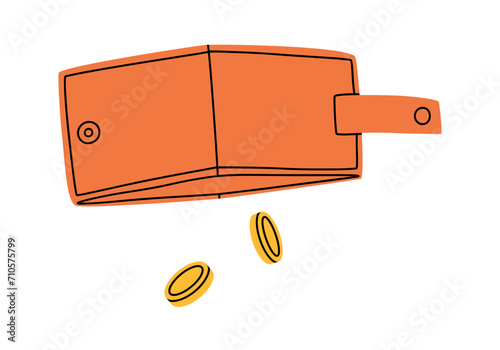 Hand drawn cute cartoon illustration of empty wallet with falling coins. Flat vector lack of money sticker in colored doodle style. Bankrupt or poverty icon. Financial difficulties. Isolated.